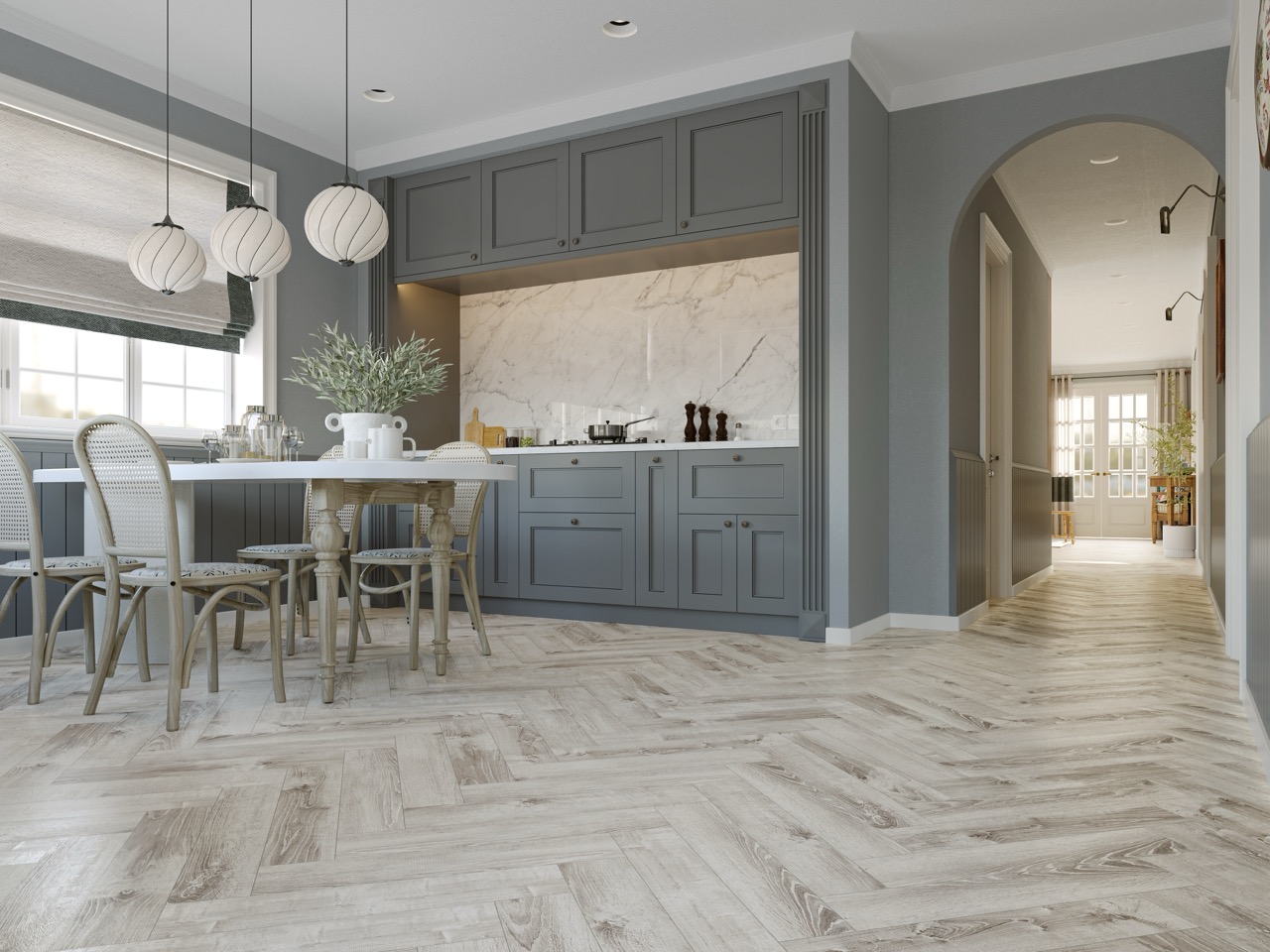 Кварцвиниловый SPC ламинат Cronafloor Herringbone Дуб Страсбург H005 венгерская елка 640×128×4,5 фото в интерьере